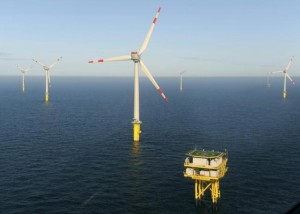 An aerial view of the offshore energy park Alpha Ventus in the North Sea